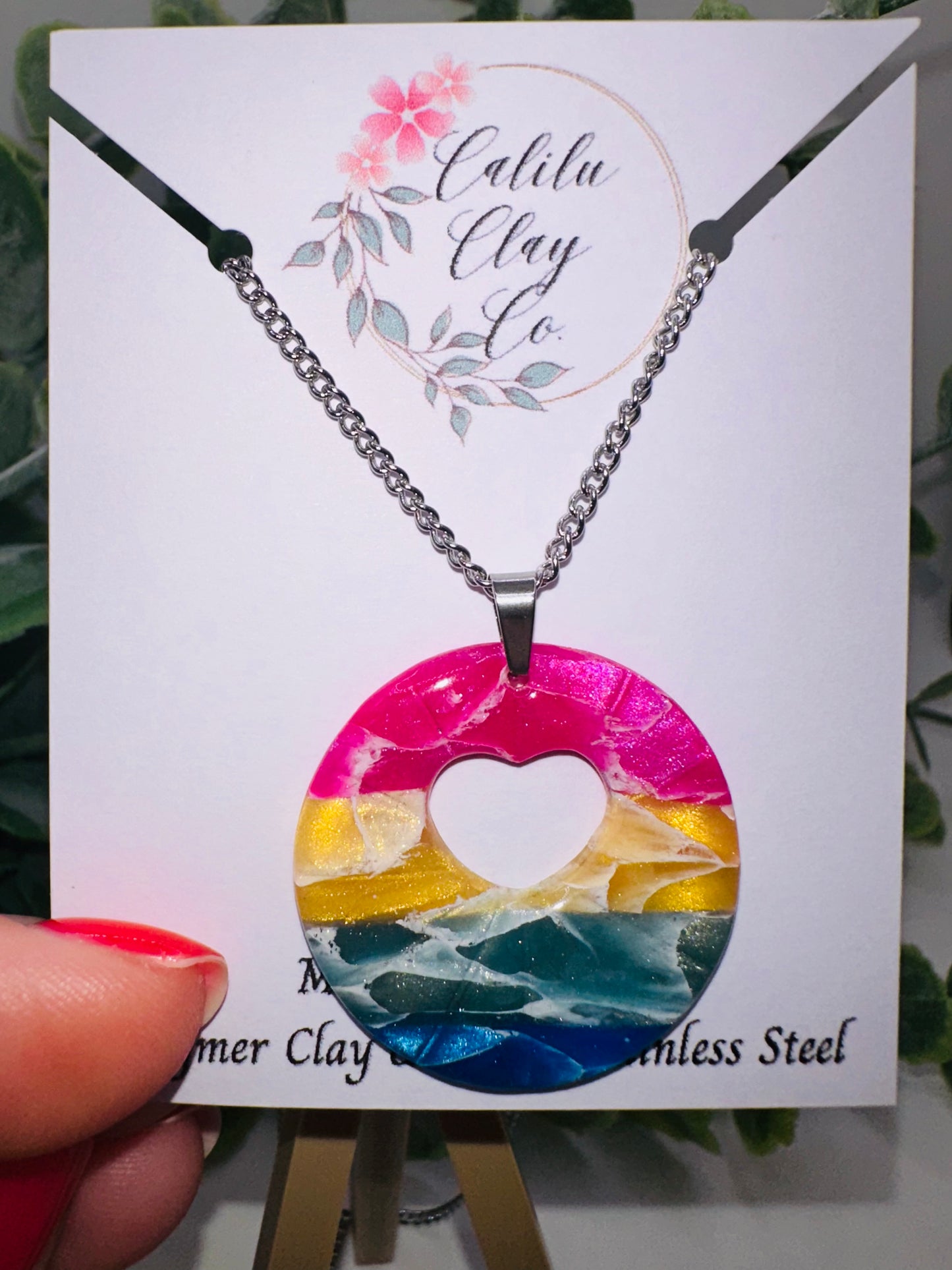 Round Rainbow Pendant with Heart Cutout Necklace