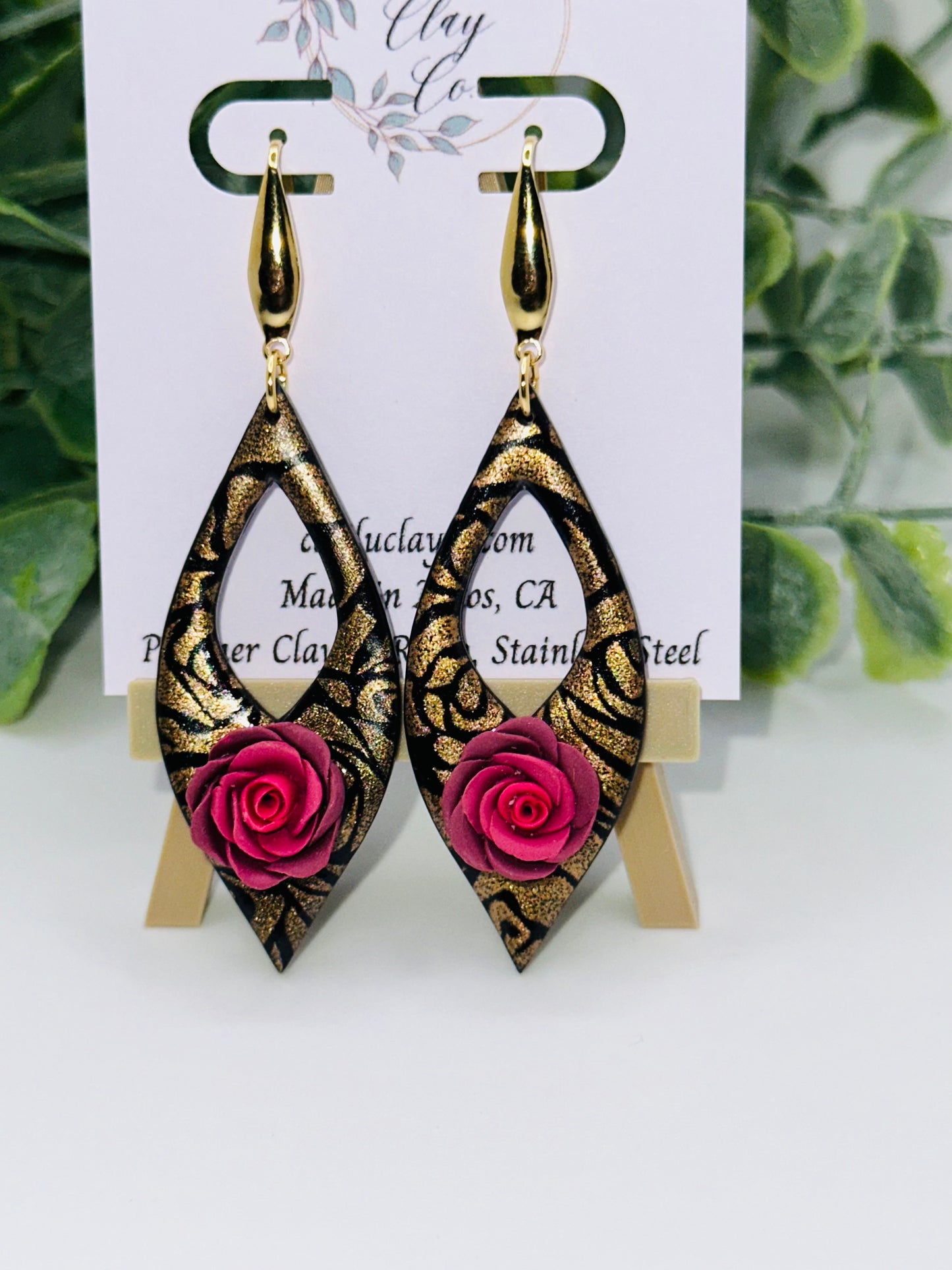 Sculpted Pink Rose on Long Black Dangles