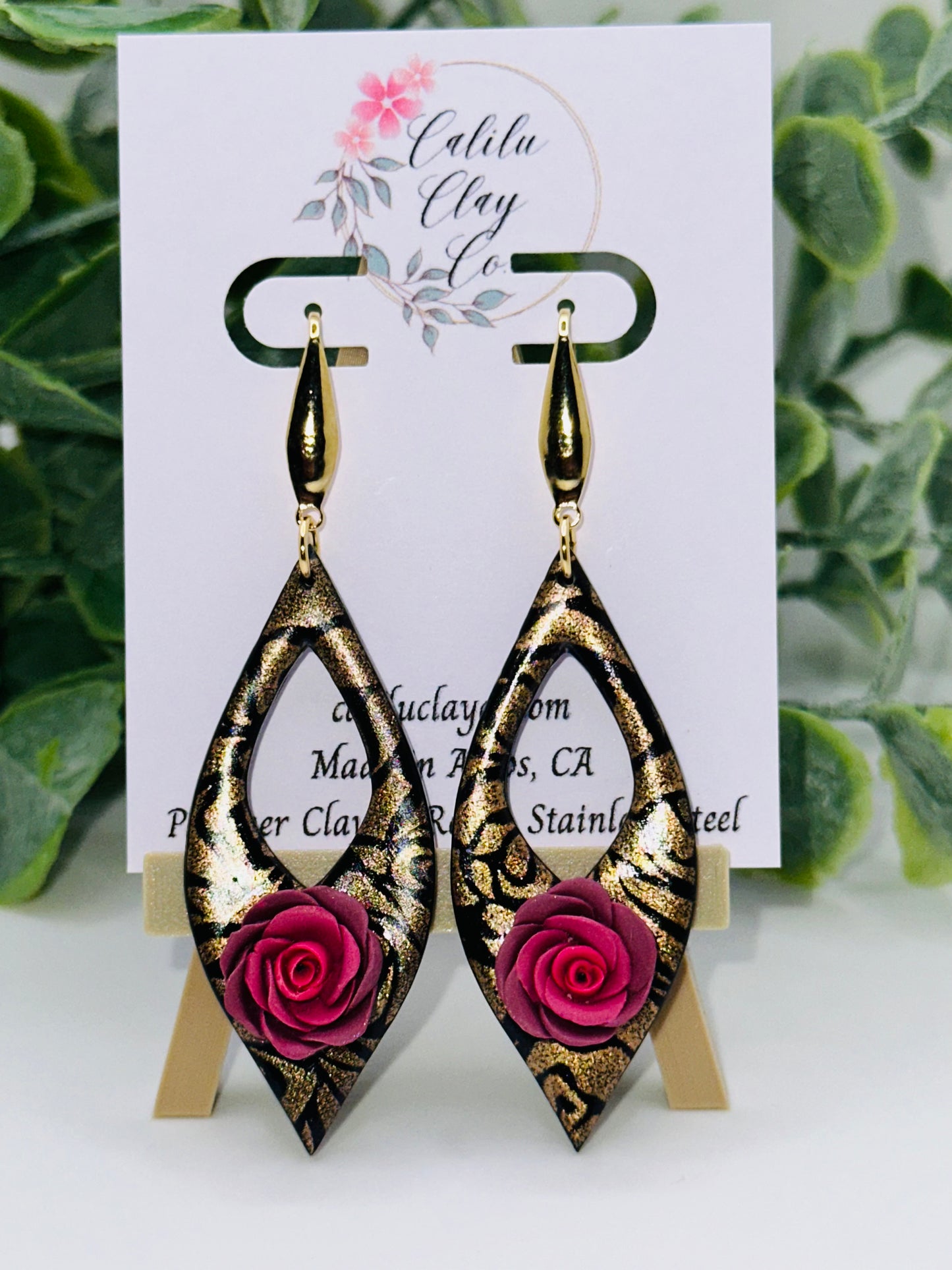 Sculpted Pink Rose on Long Black Dangles