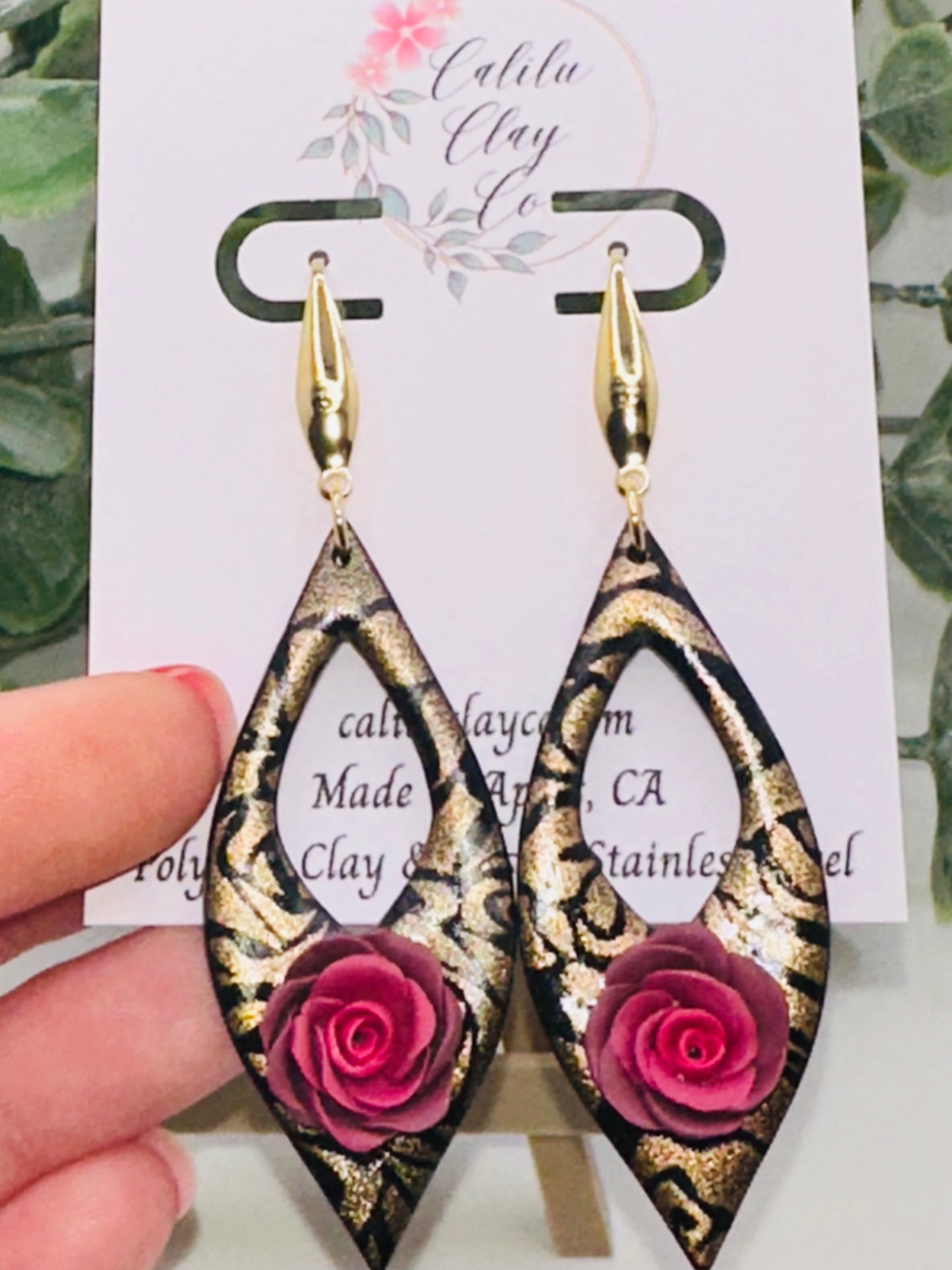 Sculpted Pink Rose on Long Black Dangles