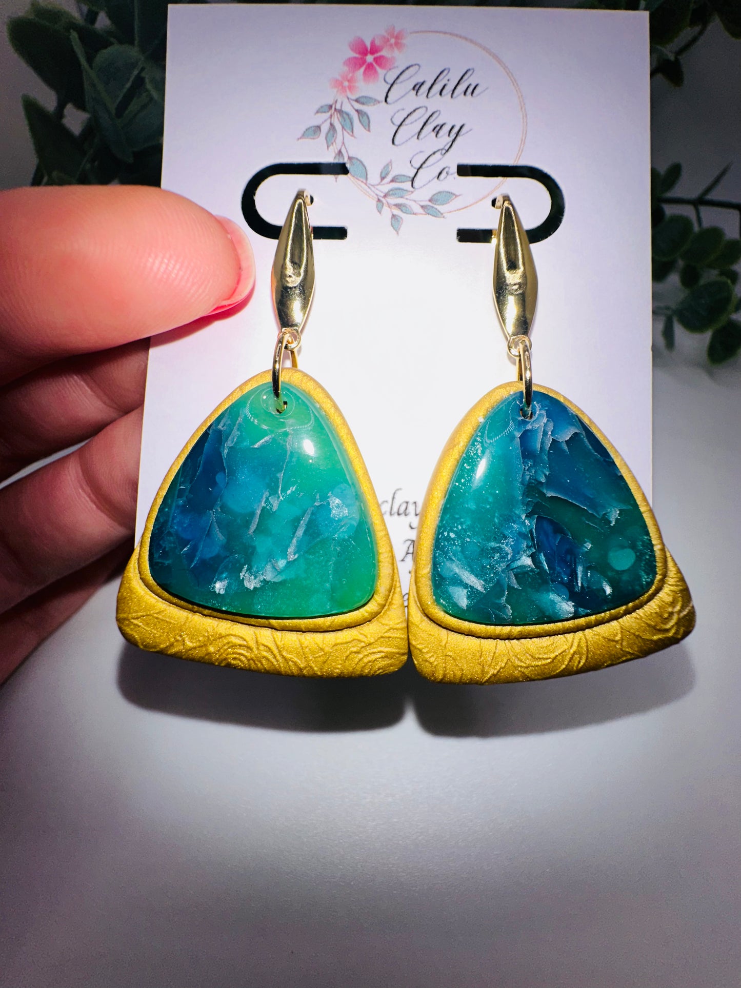 Teal Marbled Triangle Stone Drops