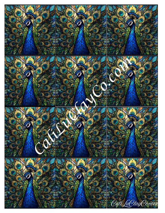 Blue Peacock Fan Pattern Multi Size (Left & Right) Polymer Clay Water-Soluble Transfer Sheet / Tattoo Paper