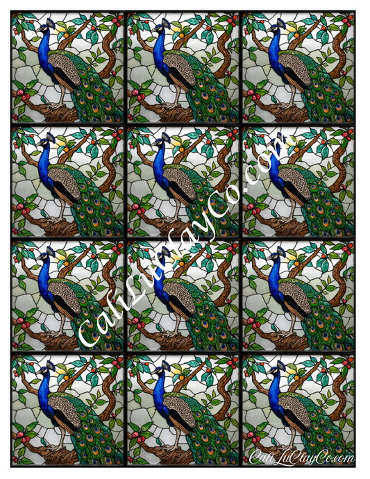 Peacock in Tree Pattern Multi Size (Left & Right) Polymer Clay Water-Soluble Transfer Sheet / Tattoo Paper