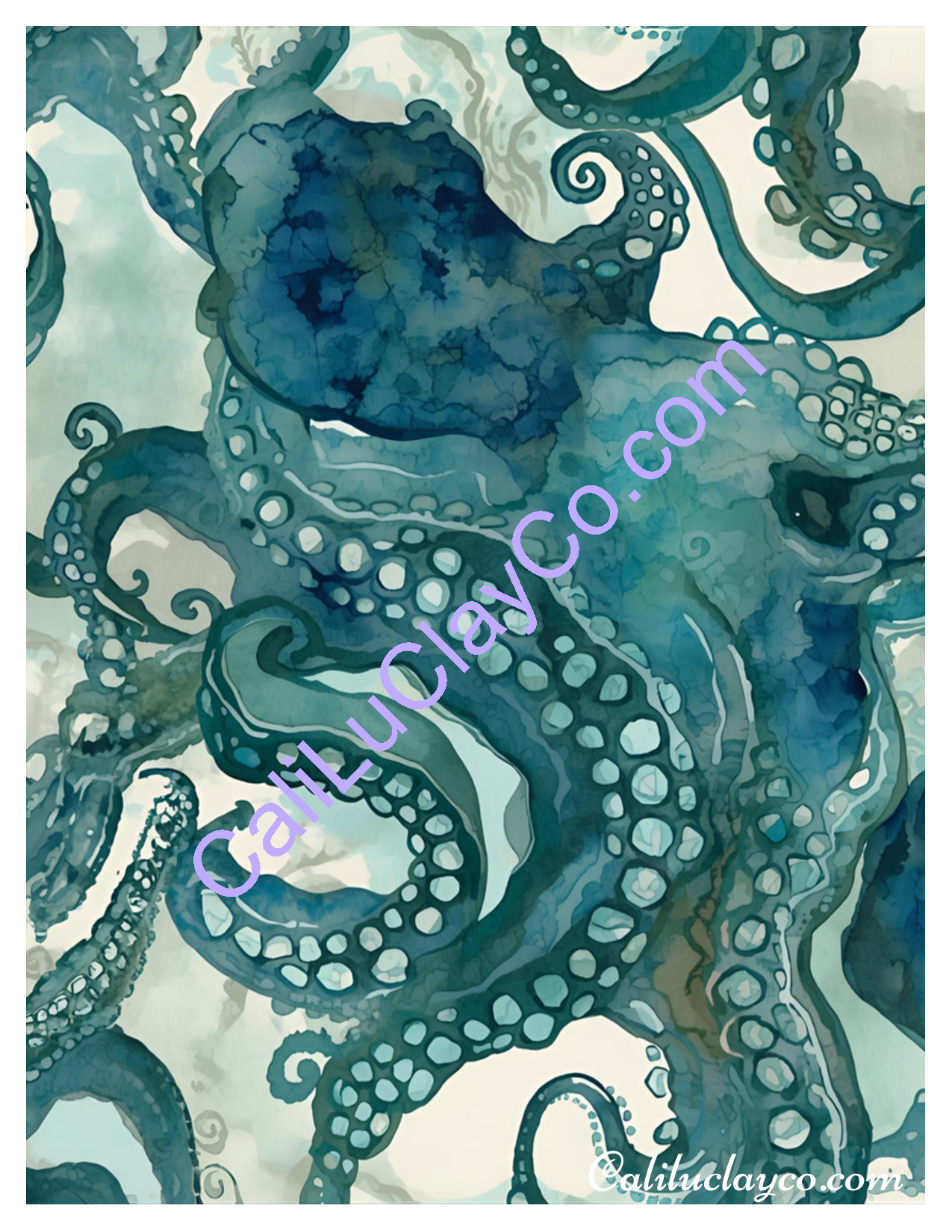 Teal Octopus Pattern Polymer Clay Water-Soluble Transfer Sheet / Tattoo Paper