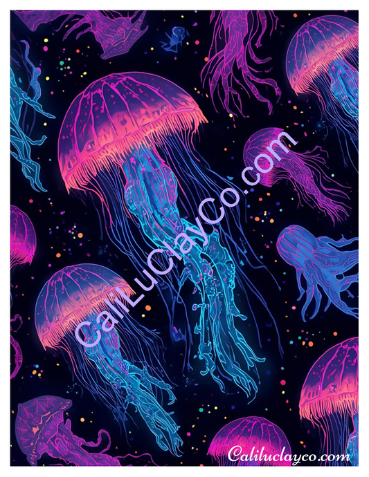 Neon Jellyfish Pattern Polymer Clay Water-Soluble Transfer Sheet / Tattoo Paper