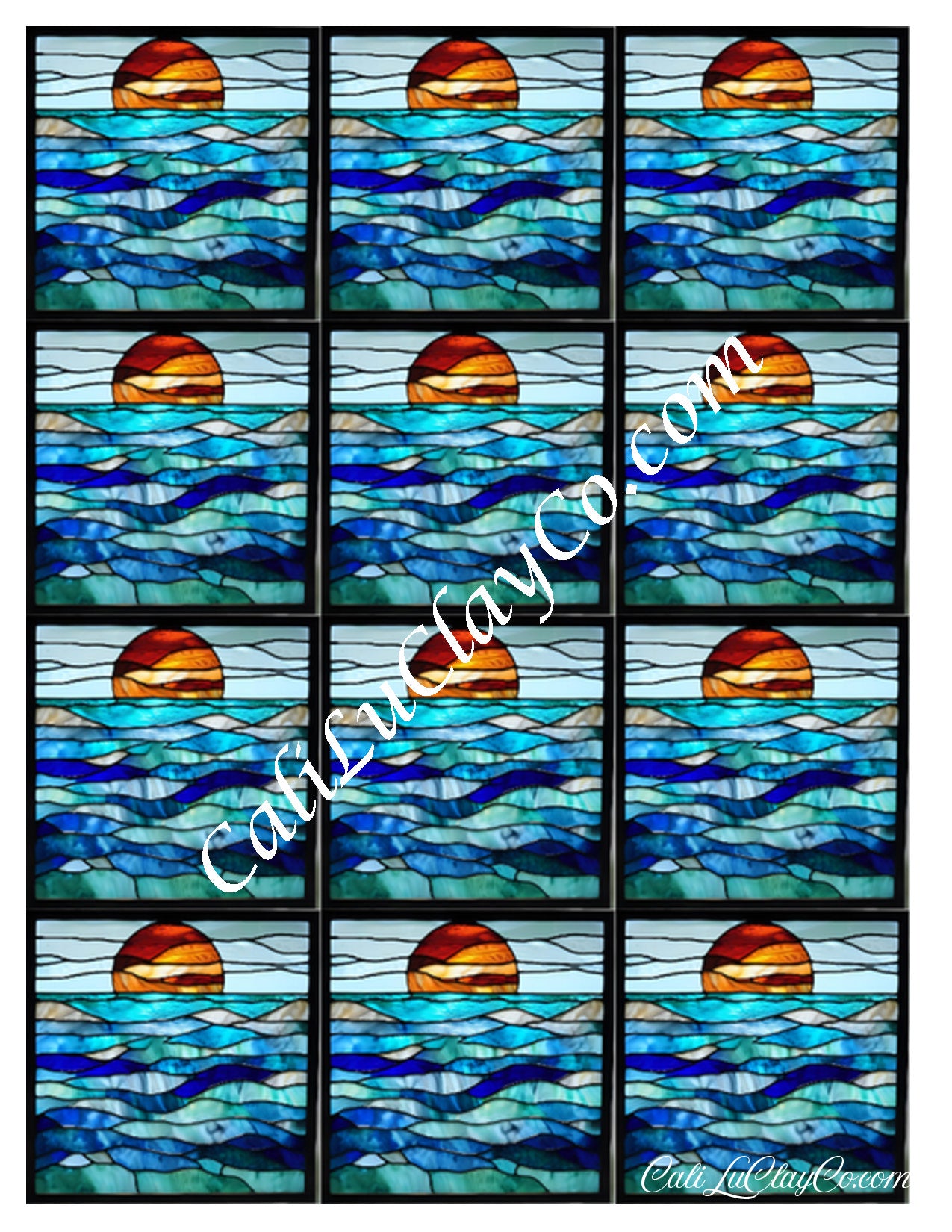 Ocean Sunset Stained Glass Multi Pattern (Left & Right) Polymer Clay Water-Soluble Transfer Sheet / Tattoo Paper
