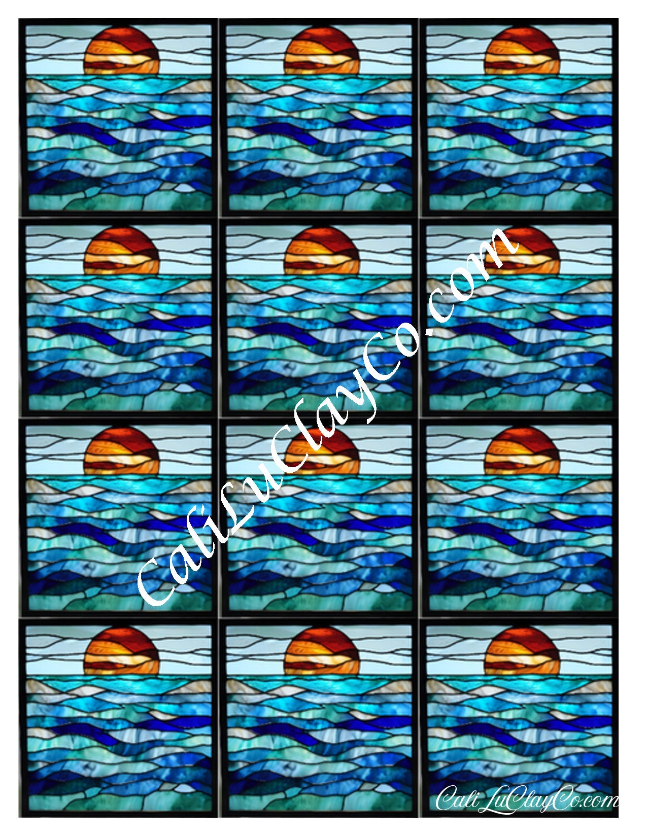 Ocean Sunset Stained Glass Multi Pattern (Left & Right) Polymer Clay Water-Soluble Transfer Sheet / Tattoo Paper