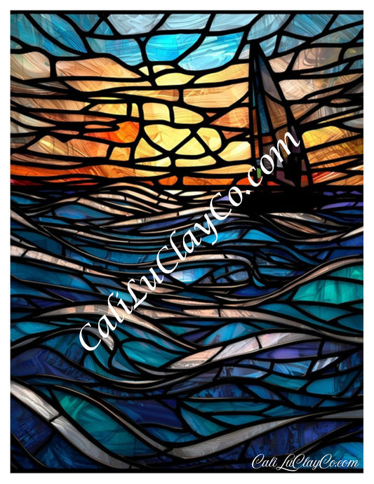 Dark Ocean Sunset Stained Glass Large Pattern (Left & Right) Polymer Clay Water-Soluble Transfer Sheet / Tattoo Paper