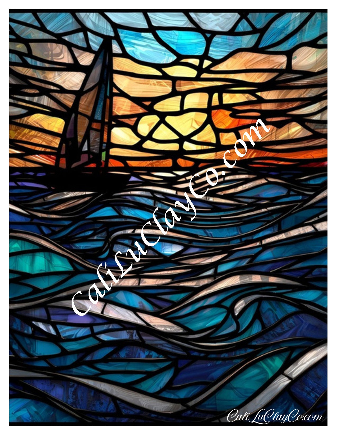 Dark Ocean Sunset Stained Glass Large Pattern (Left & Right) Polymer Clay Water-Soluble Transfer Sheet / Tattoo Paper