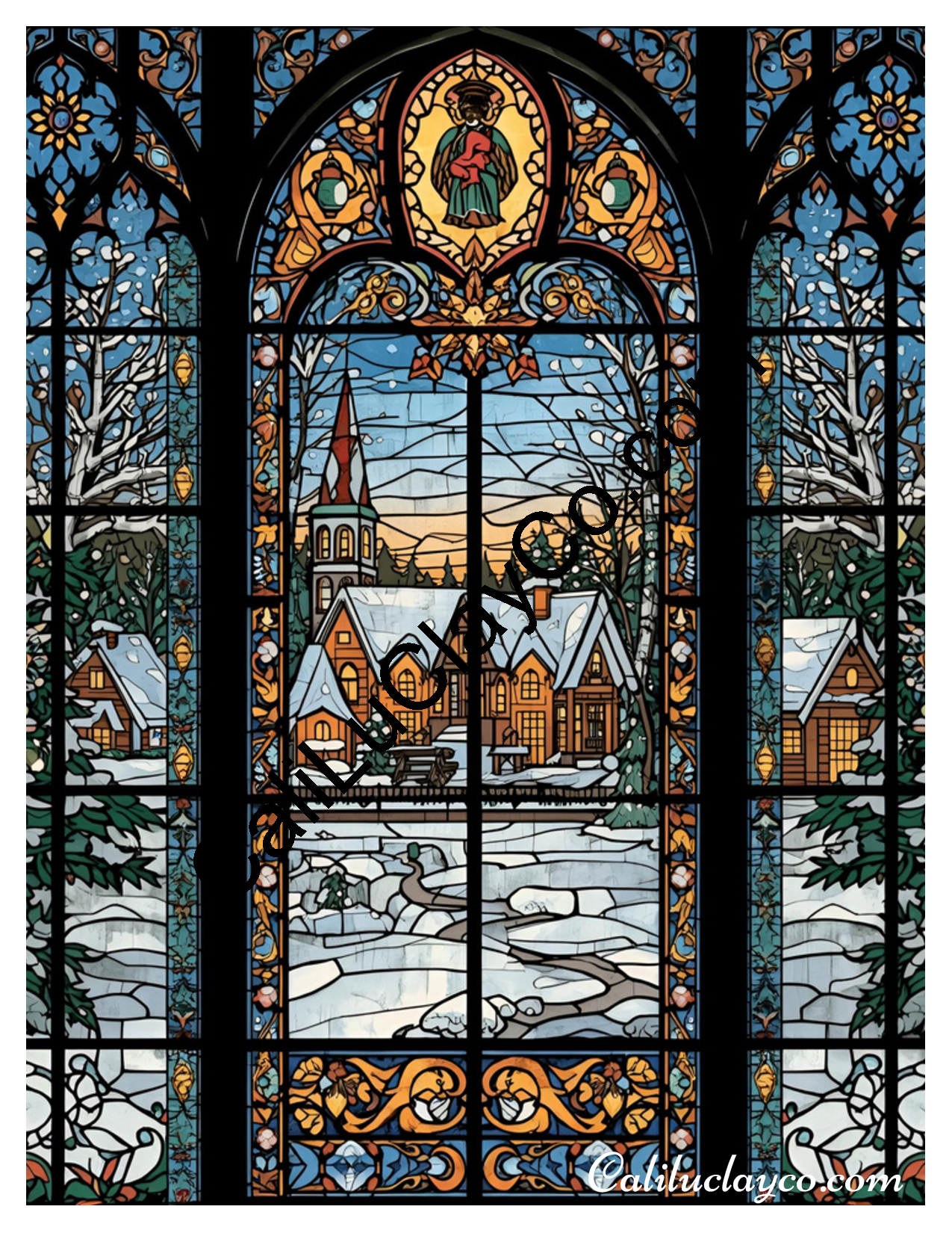 Stained Glass Christmas Scene LARGE Left & Right Polymer Clay Water-Soluble Transfer Sheet / Tattoo Paper
