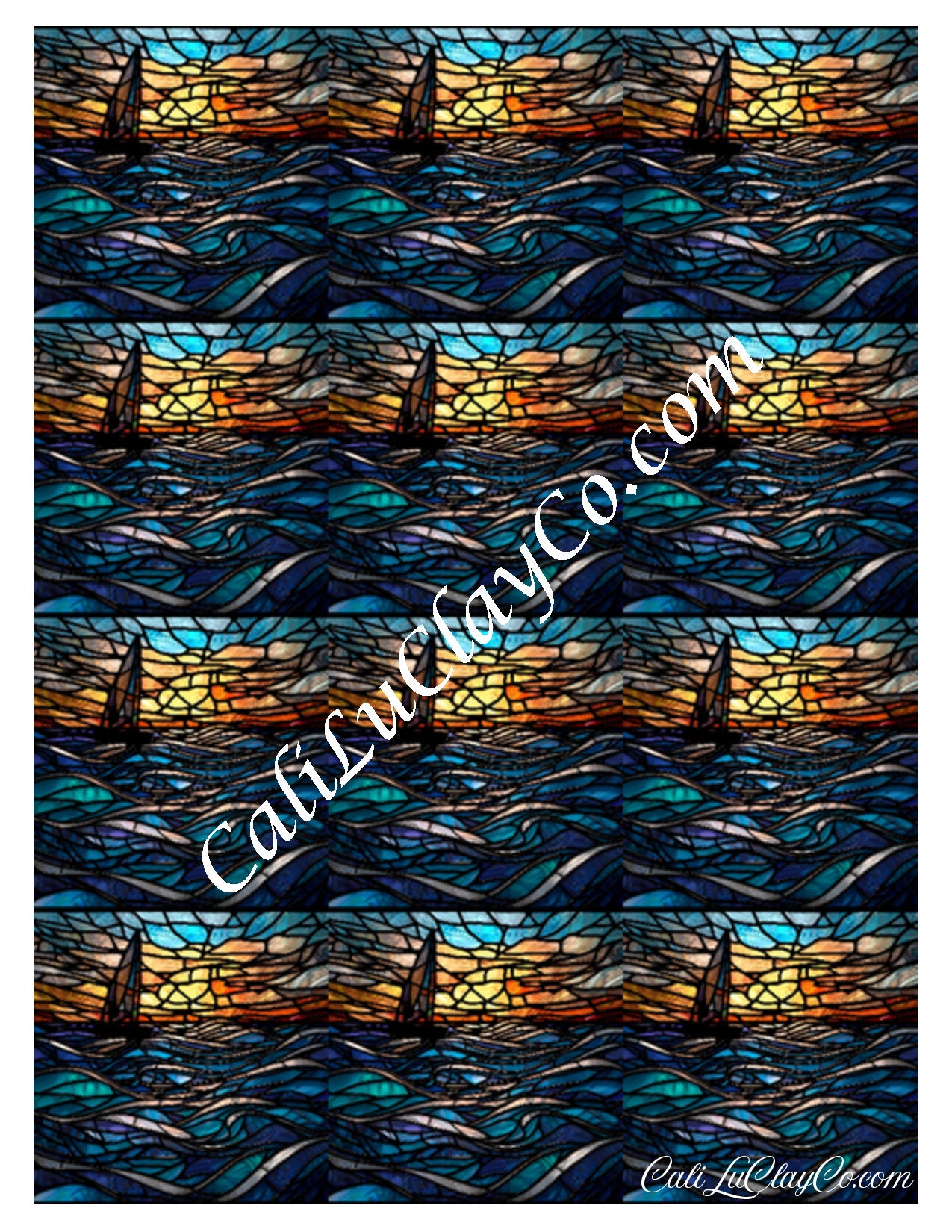 Dark Ocean Sunset Stained Glass Multi Pattern (Left & Right) Polymer Clay Water-Soluble Transfer Sheet / Tattoo Paper