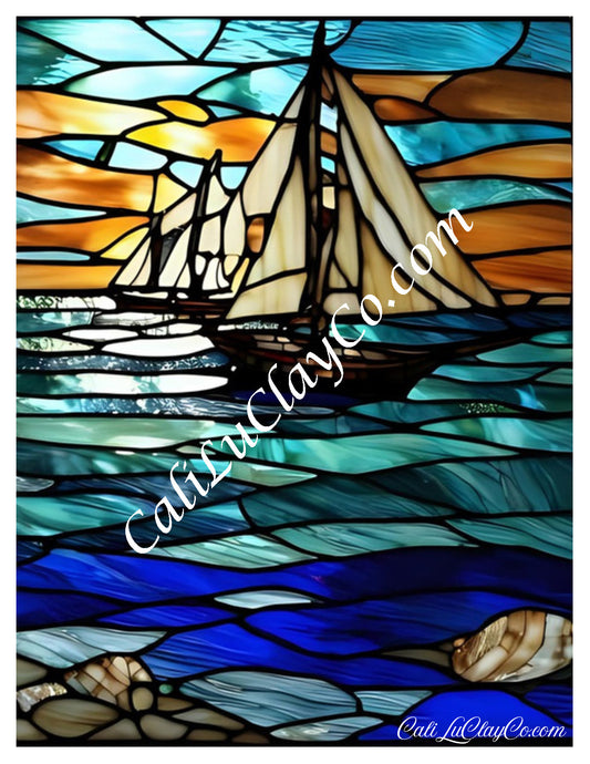 Sailboats at Dusk Stained Glass Large Pattern (Left & Right) Polymer Clay Water-Soluble Transfer Sheet / Tattoo Paper