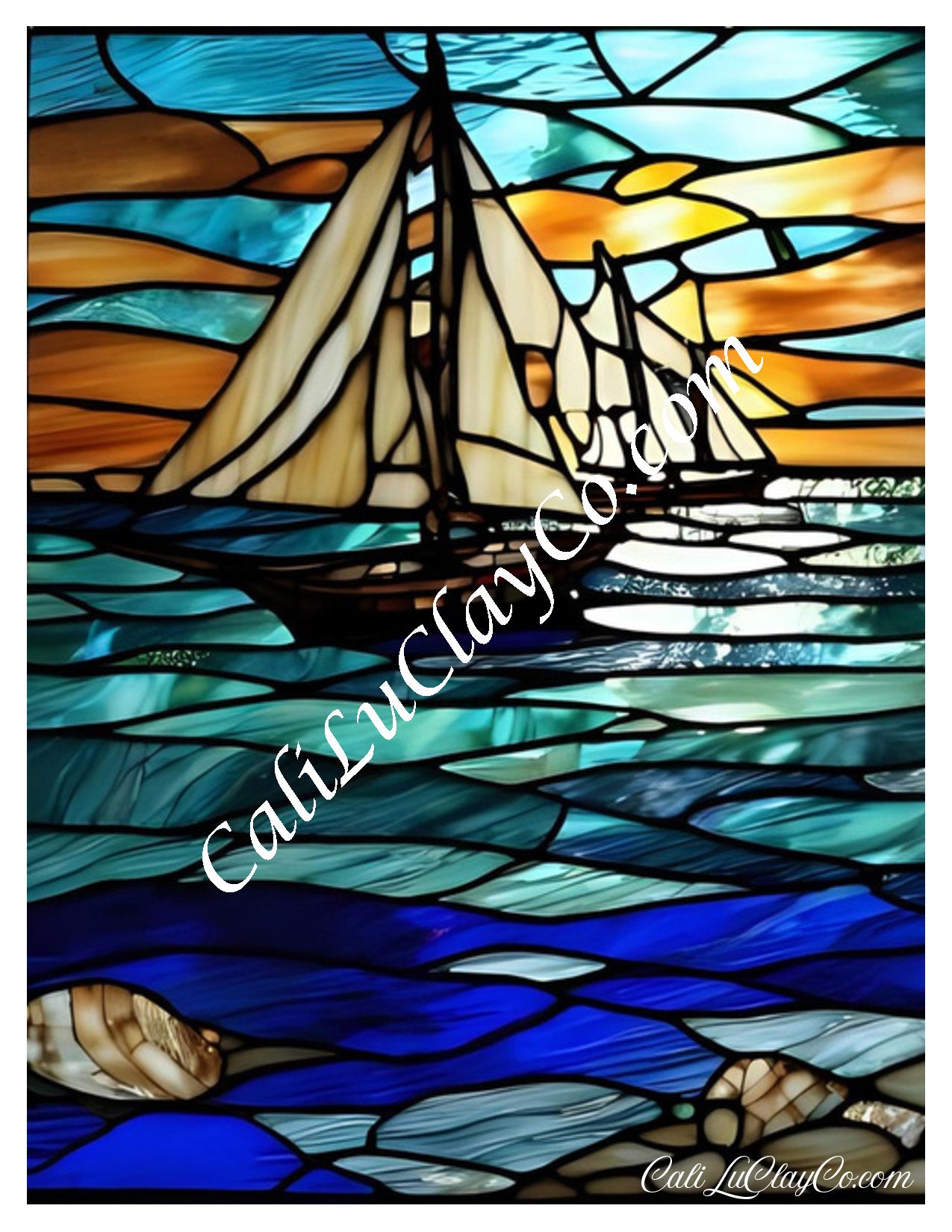 Sailboats at Dusk Stained Glass Large Pattern (Left & Right) Polymer Clay Water-Soluble Transfer Sheet / Tattoo Paper