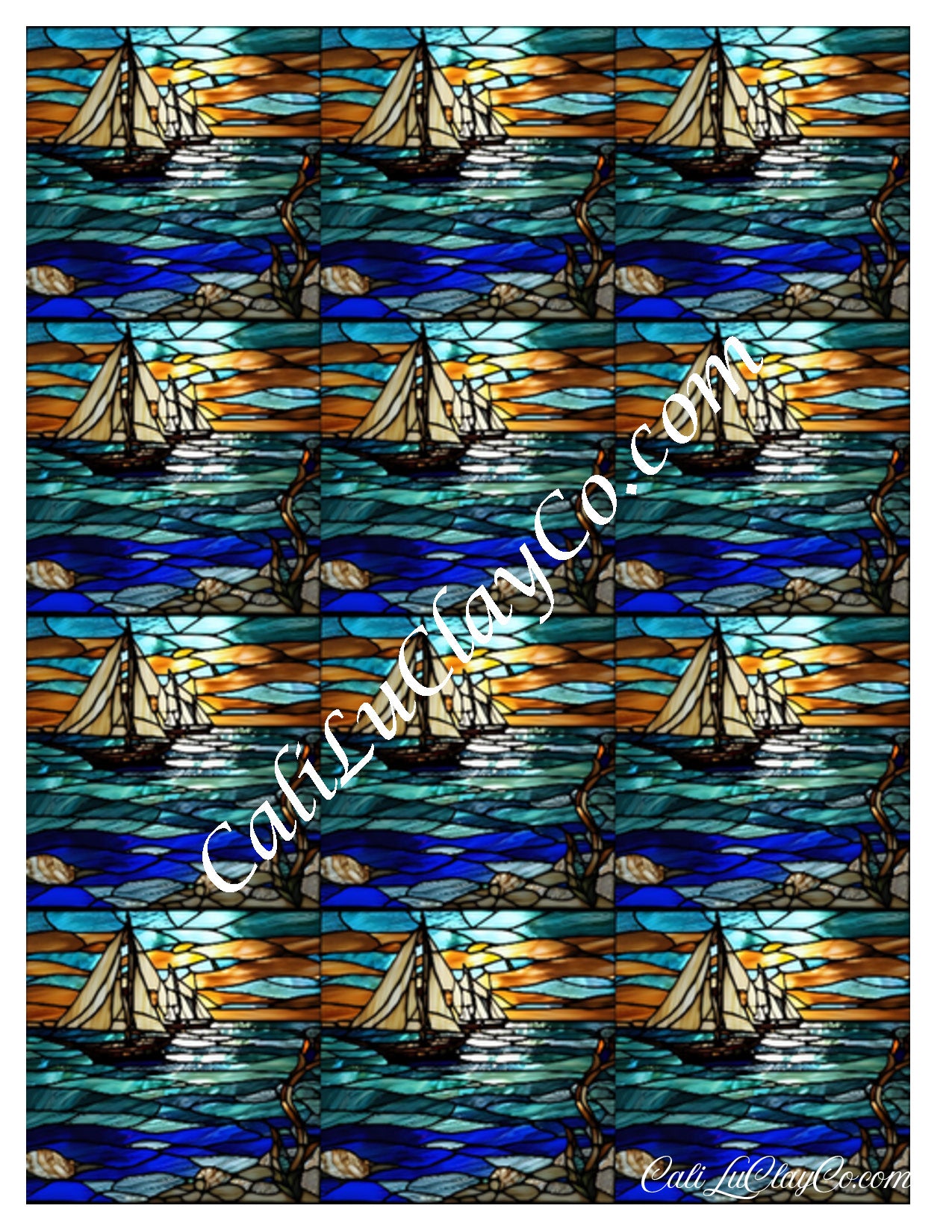 Sailboats at Dusk Stained Glass Multi Pattern (Left & Right) Polymer Clay Water-Soluble Transfer Sheet / Tattoo Paper