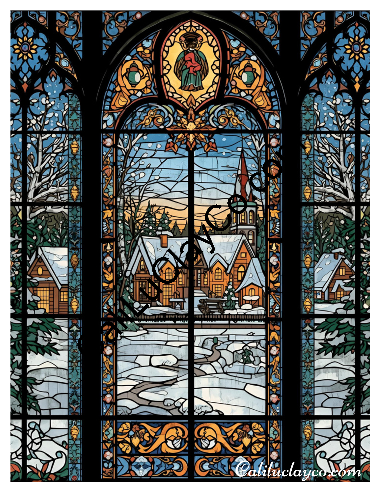 Stained Glass Christmas Scene LARGE Left & Right Polymer Clay Water-Soluble Transfer Sheet / Tattoo Paper