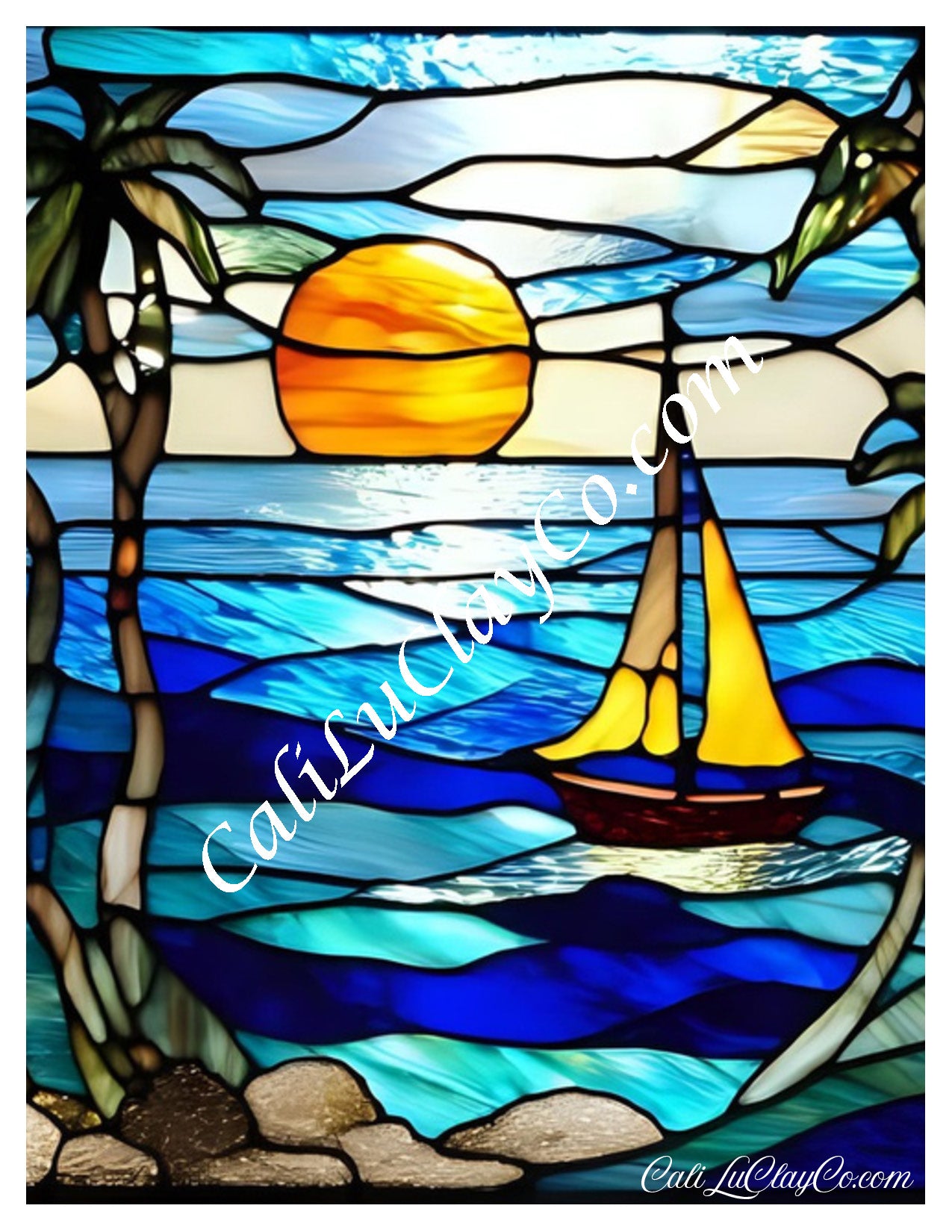Tropical Sunset Sail Stained Glass Large Pattern (Left & Right) Polymer Clay Water-Soluble Transfer Sheet / Tattoo Paper
