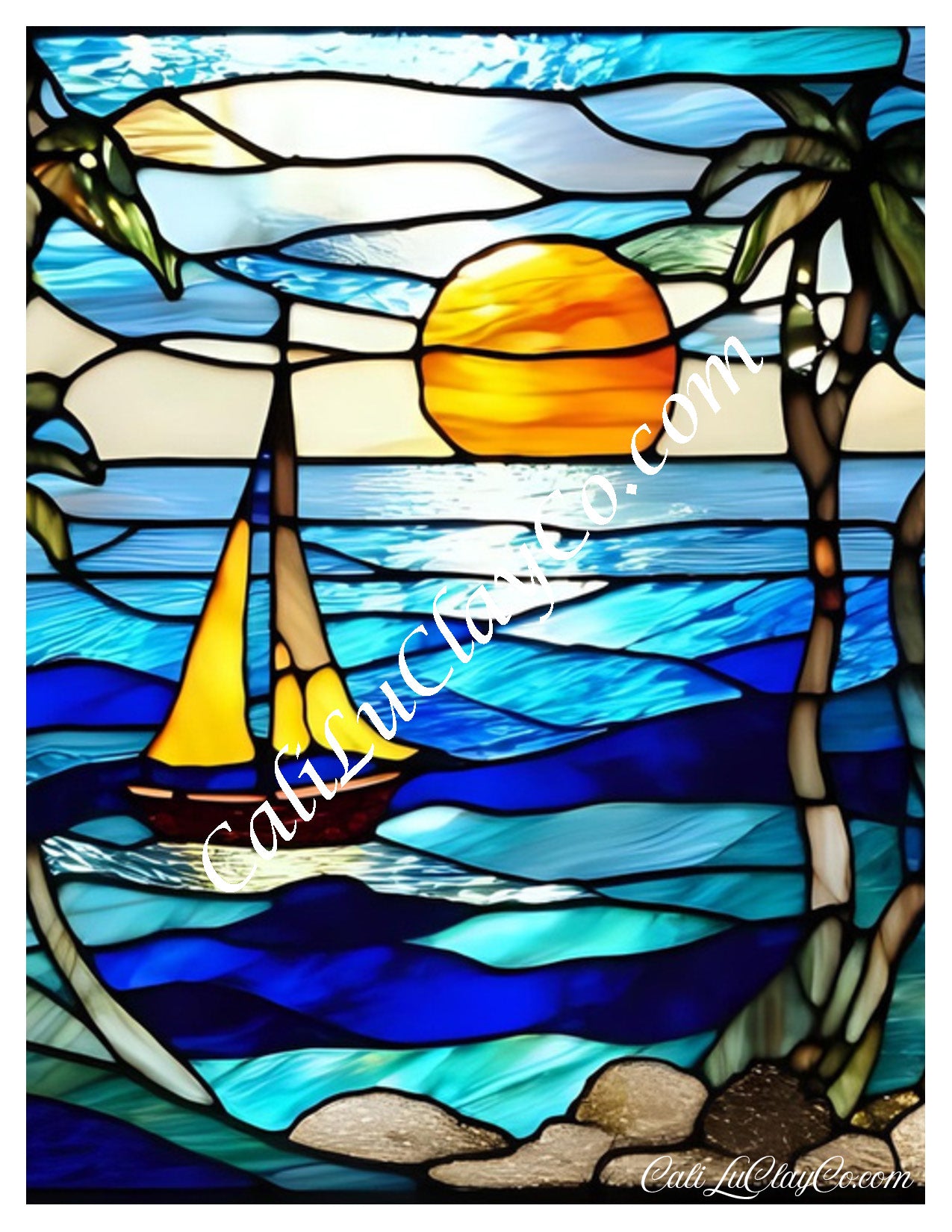 Tropical Sunset Sail Stained Glass Large Pattern (Left & Right) Polymer Clay Water-Soluble Transfer Sheet / Tattoo Paper