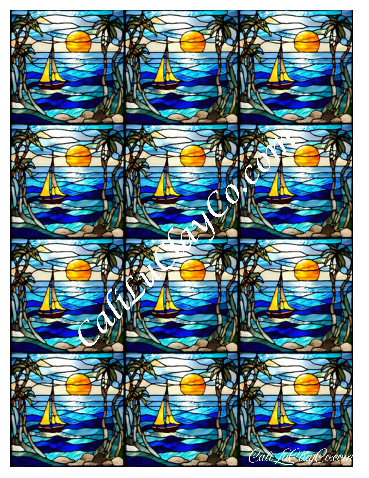 Tropical Sunset Sail Stained Glass Multi Pattern (Left & Right) Polymer Clay Water-Soluble Transfer Sheet / Tattoo Paper