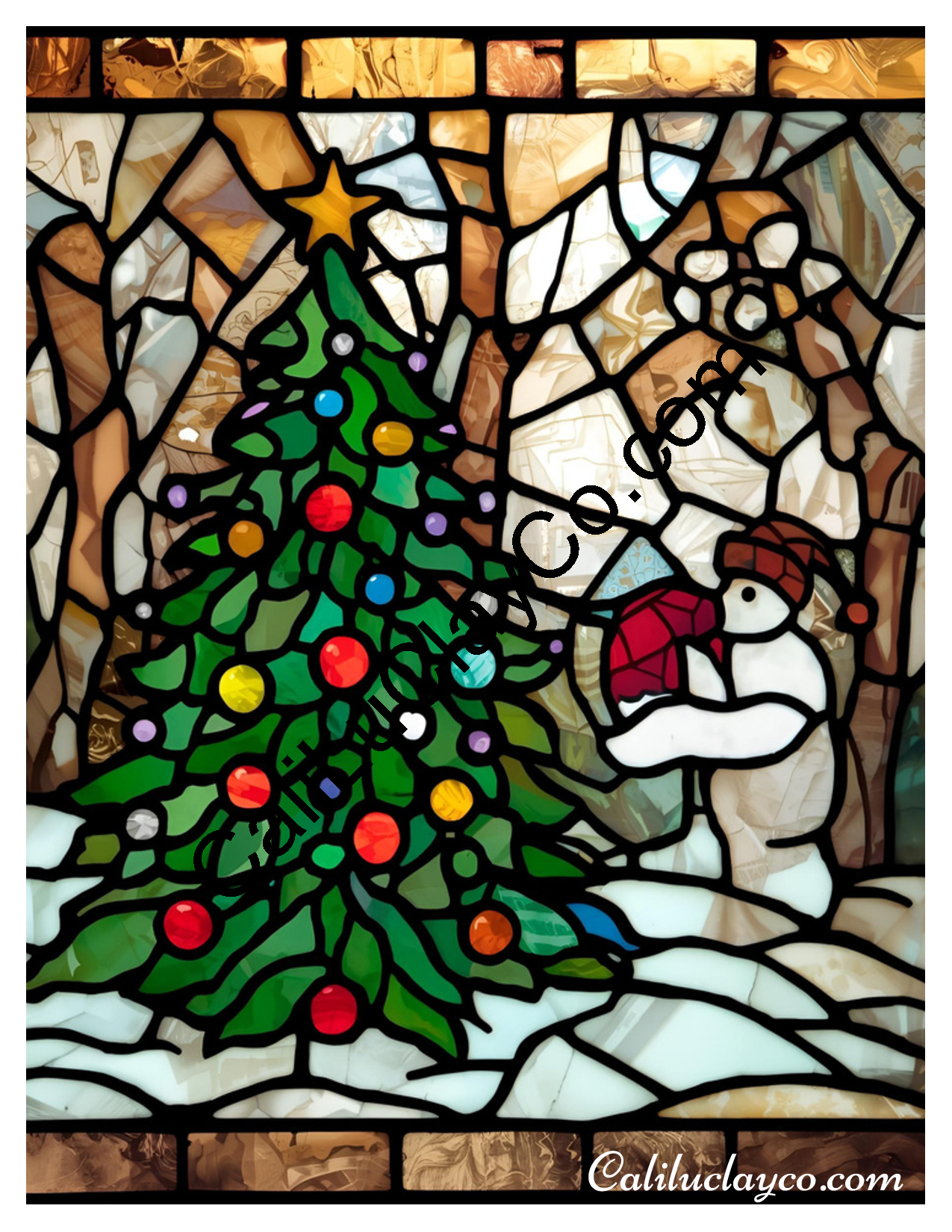 Snowman with Christmas Tree Stained Glass LARGE Left & Right Polymer Clay Water-Soluble Transfer Sheet / Tattoo Paper