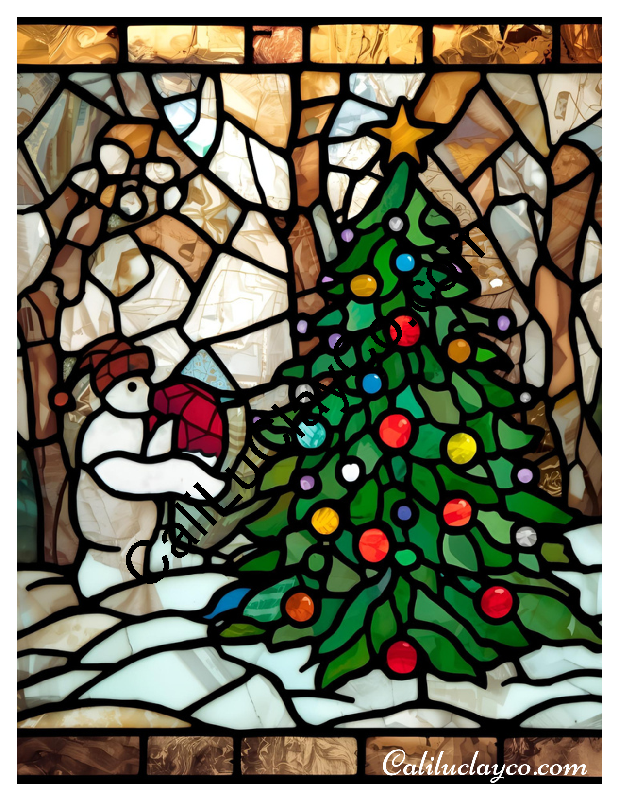 Snowman with Christmas Tree Stained Glass LARGE Left & Right Polymer Clay Water-Soluble Transfer Sheet / Tattoo Paper