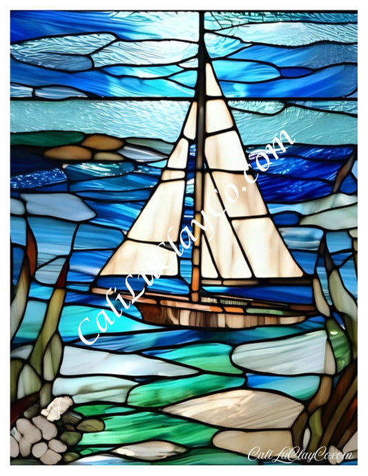 Peaceful Afternoon Sailing Stained Glass Large Pattern (Left & Right) Polymer Clay Water-Soluble Transfer Sheet / Tattoo Paper