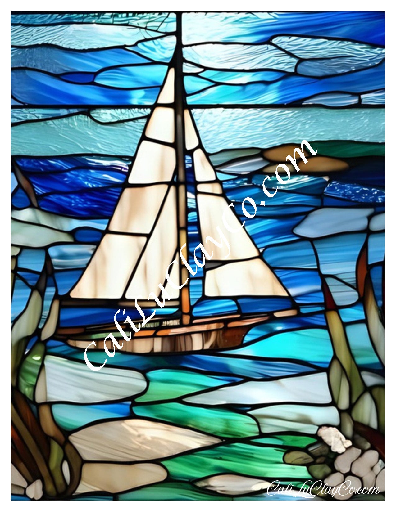 Peaceful Afternoon Sailing Stained Glass Large Pattern (Left & Right) Polymer Clay Water-Soluble Transfer Sheet / Tattoo Paper
