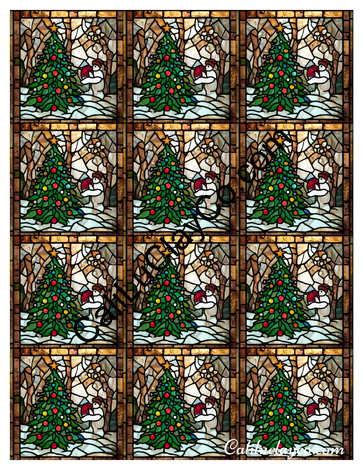 Snowman with Christmas Tree Stained Glass MULTI Left & Right Polymer Clay Water-Soluble Transfer Sheet / Tattoo Paper