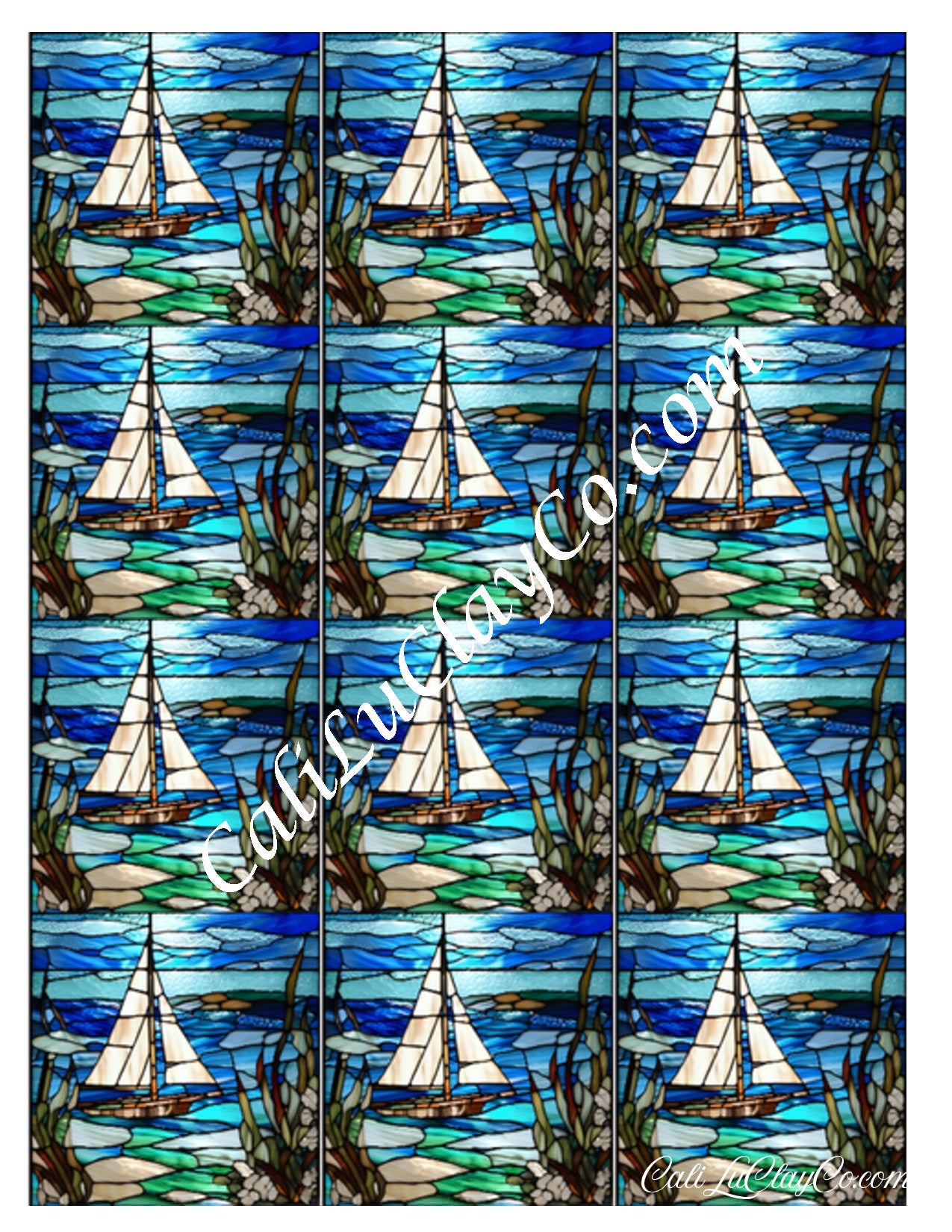 Peaceful Afternoon Sailing Stained Glass Multi Pattern (Left & Right) Polymer Clay Water-Soluble Transfer Sheet / Tattoo Paper