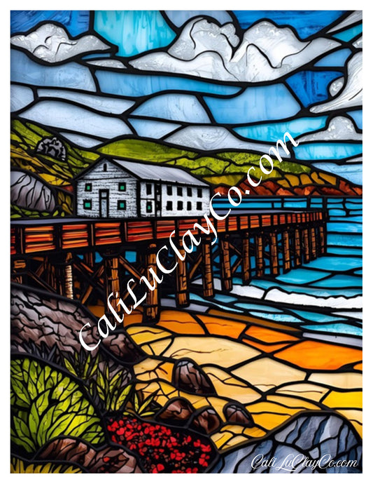 Coastal Pier Stained Glass Large Pattern (Left & Right) Polymer Clay Water-Soluble Transfer Sheet / Tattoo Paper