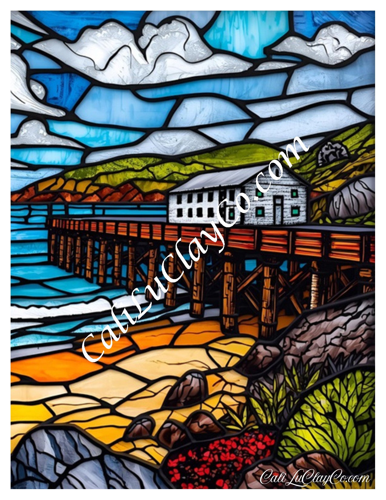 Coastal Pier Stained Glass Large Pattern (Left & Right) Polymer Clay Water-Soluble Transfer Sheet / Tattoo Paper