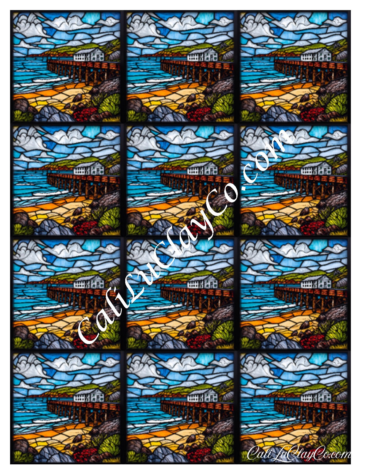 Coastal Pier Stained Glass Multi Pattern (Left & Right) Polymer Clay Water-Soluble Transfer Sheet / Tattoo Paper