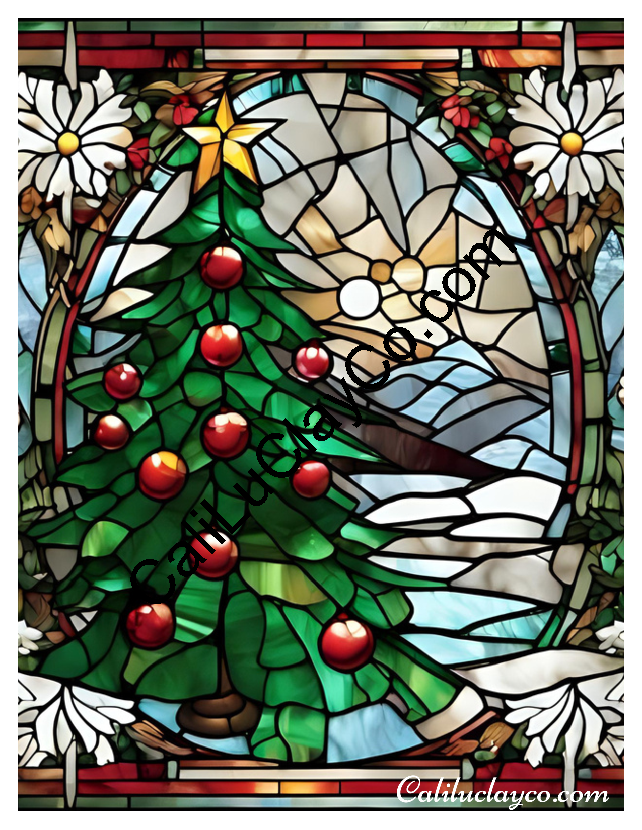 Christmas Tree Stained Glass #1 LARGE Left & Right Polymer Clay Water-Soluble Transfer Sheet / Tattoo Paper