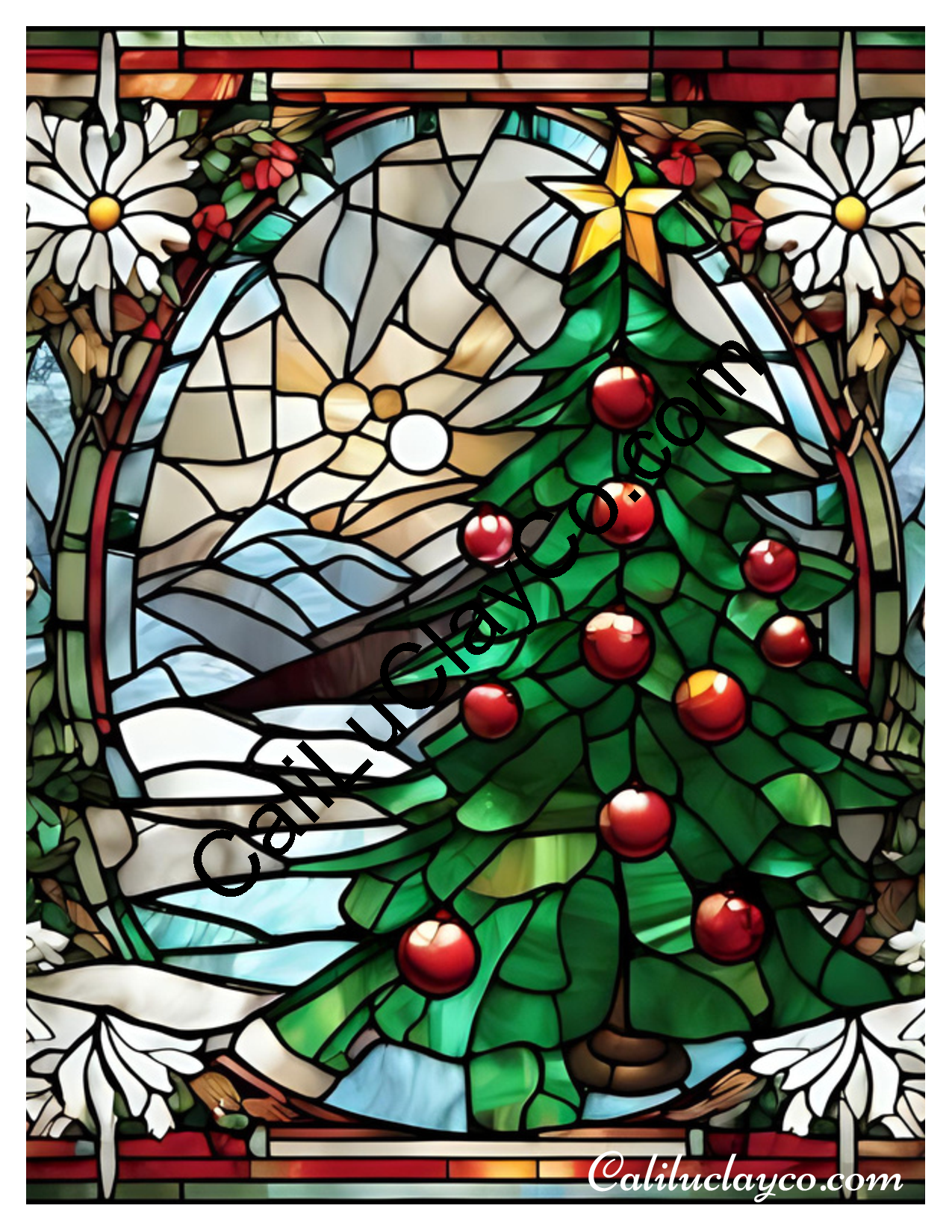 Christmas Tree Stained Glass #1 LARGE Left & Right Polymer Clay Water-Soluble Transfer Sheet / Tattoo Paper