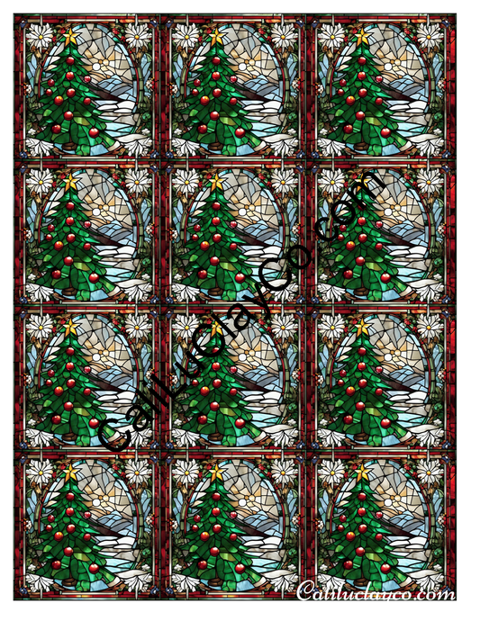 Christmas Tree Stained Glass #1 MULTI Left & Right Polymer Clay Water-Soluble Transfer Sheet / Tattoo Paper
