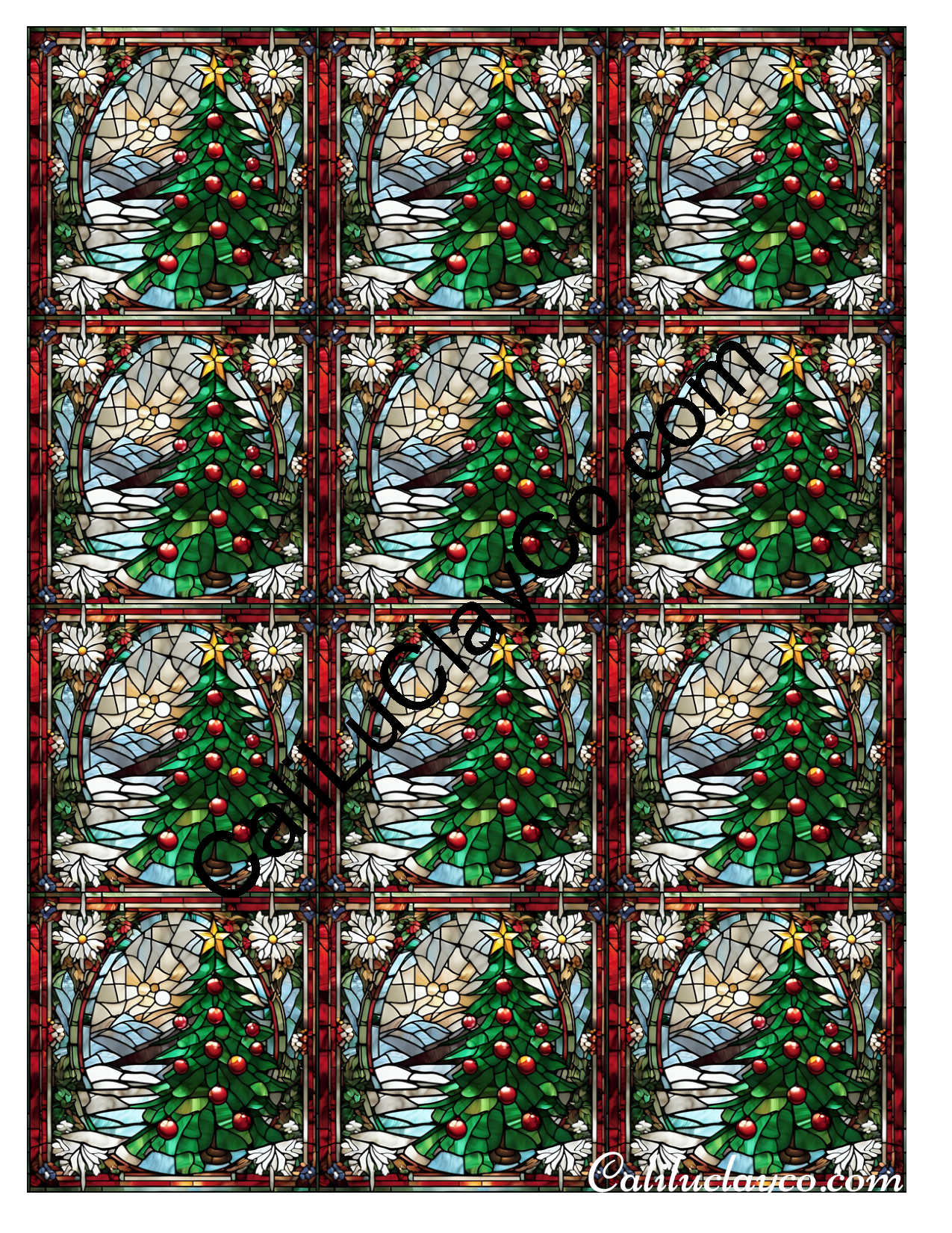 Christmas Tree Stained Glass #1 MULTI Left & Right Polymer Clay Water-Soluble Transfer Sheet / Tattoo Paper