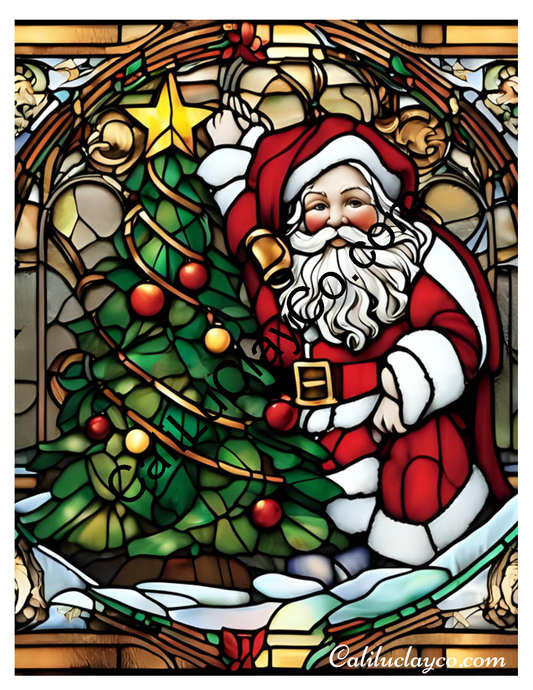 Santa with Christmas Tree Stained Glass #1 LARGE Left & Right Polymer Clay Water-Soluble Transfer Sheet / Tattoo Paper