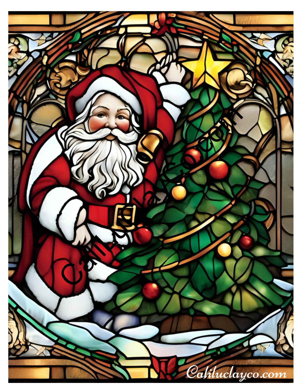 Santa with Christmas Tree Stained Glass #1 LARGE Left & Right Polymer Clay Water-Soluble Transfer Sheet / Tattoo Paper
