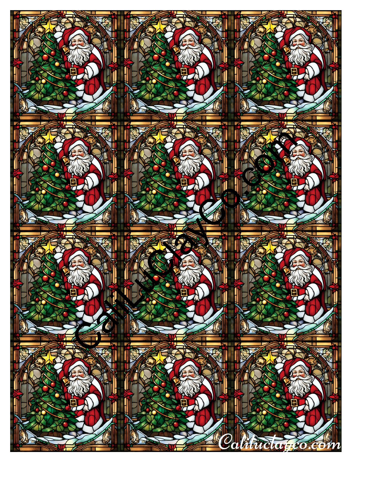 Santa with Christmas Tree Stained Glass #1 MULTI Left & Right Polymer Clay Water-Soluble Transfer Sheet / Tattoo Paper