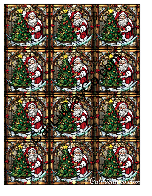 Santa with Christmas Tree Stained Glass #1 MULTI Left & Right Polymer Clay Water-Soluble Transfer Sheet / Tattoo Paper