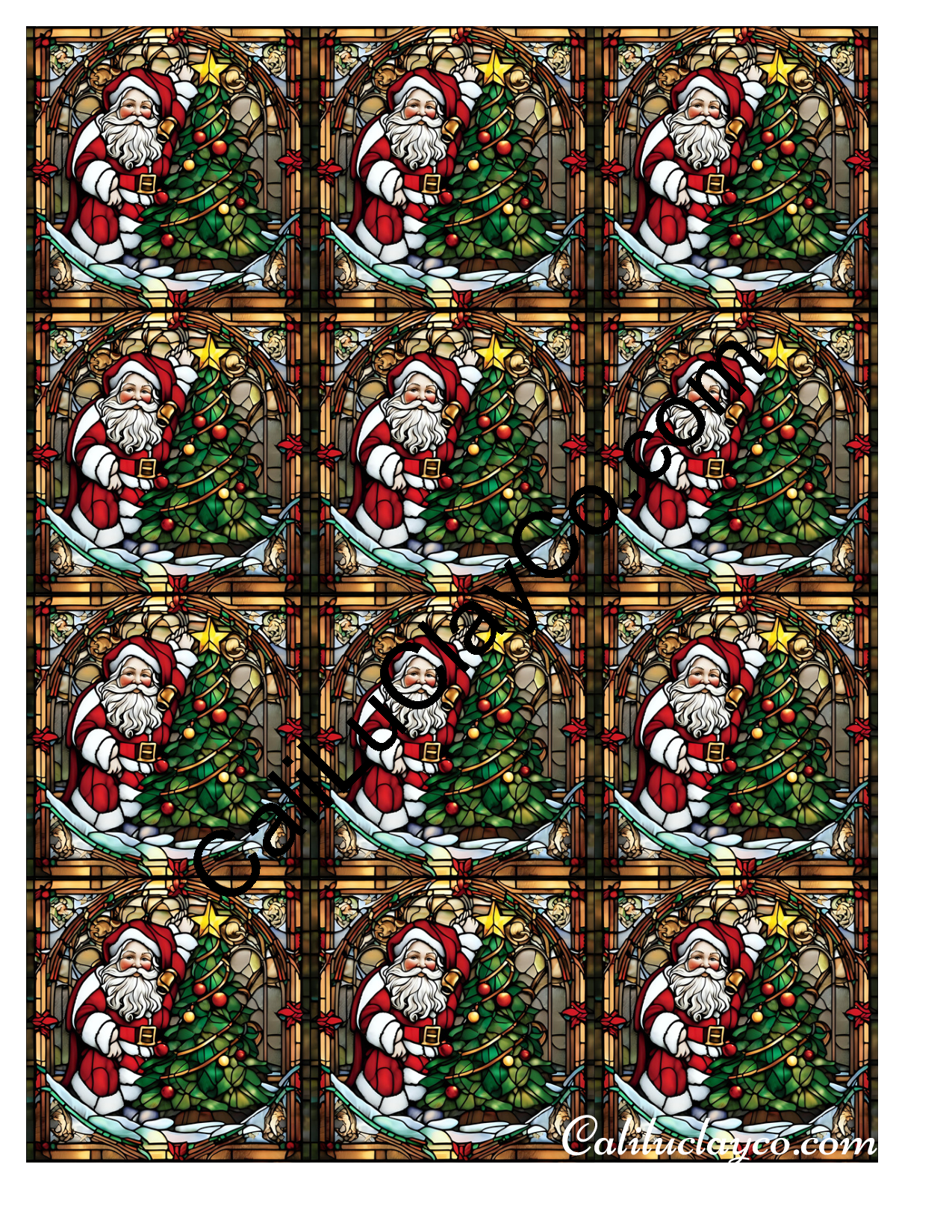 Santa with Christmas Tree Stained Glass #1 MULTI Left & Right Polymer Clay Water-Soluble Transfer Sheet / Tattoo Paper