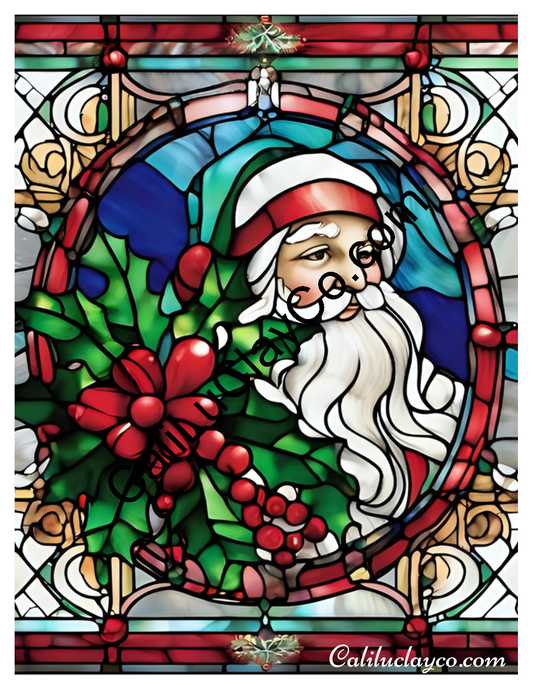 Santa with Holly Stained Glass LARGE Left & Right Polymer Clay Water-Soluble Transfer Sheet / Tattoo Paper