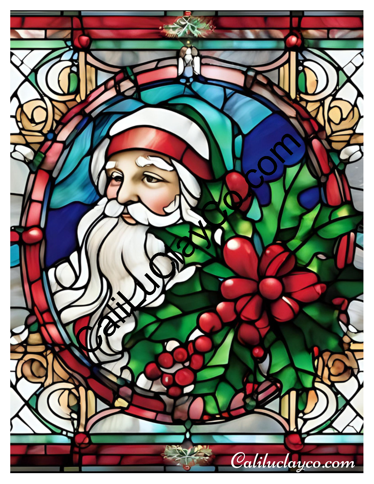 Santa with Holly Stained Glass LARGE Left & Right Polymer Clay Water-Soluble Transfer Sheet / Tattoo Paper