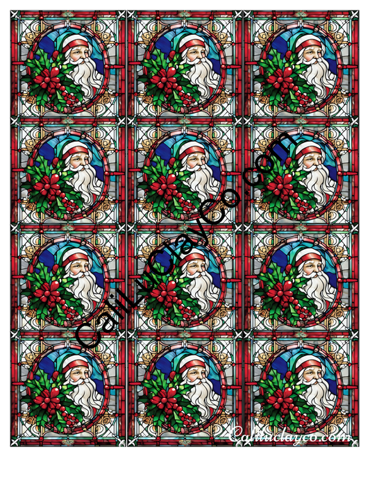 Santa with Holly Stained Glass MULTI Left & Right Polymer Clay Water-Soluble Transfer Sheet / Tattoo Paper