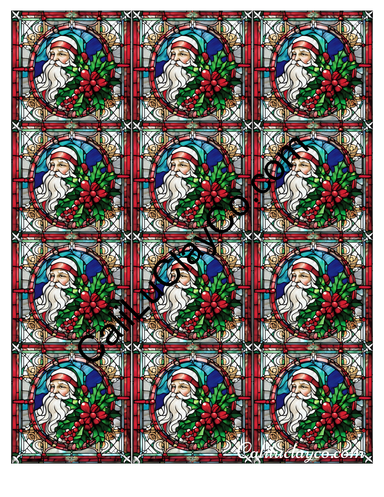 Santa with Holly Stained Glass MULTI Left & Right Polymer Clay Water-Soluble Transfer Sheet / Tattoo Paper