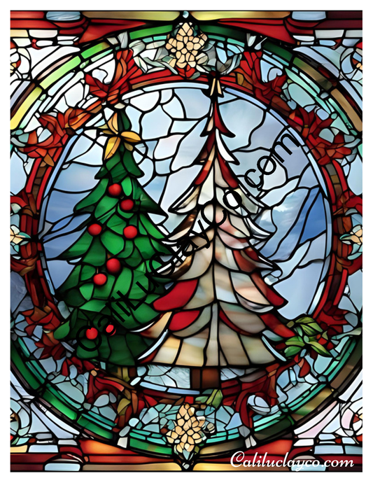 Christmas Tree #3 Stained Glass LARGE Left & Right Polymer Clay Water-Soluble Transfer Sheet / Tattoo Paper