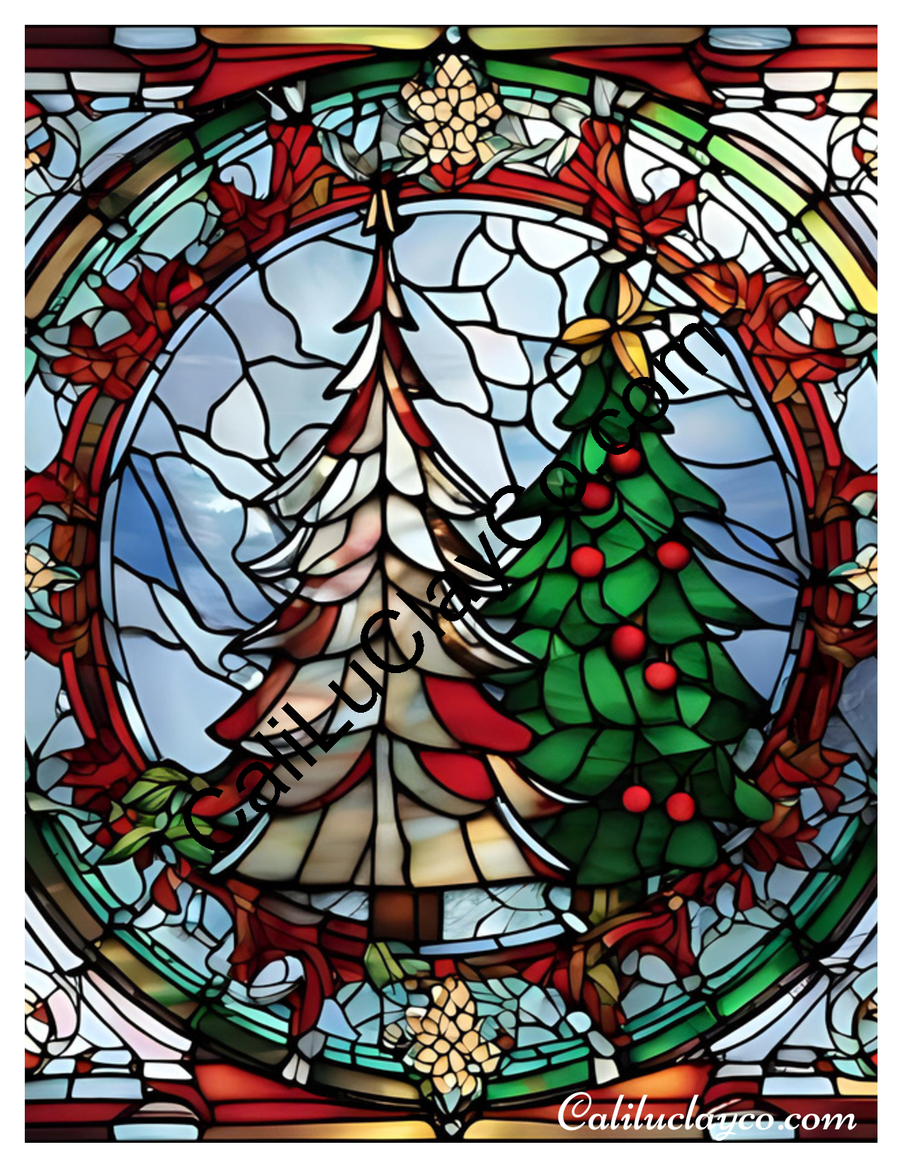 Christmas Tree #3 Stained Glass LARGE Left & Right Polymer Clay Water-Soluble Transfer Sheet / Tattoo Paper