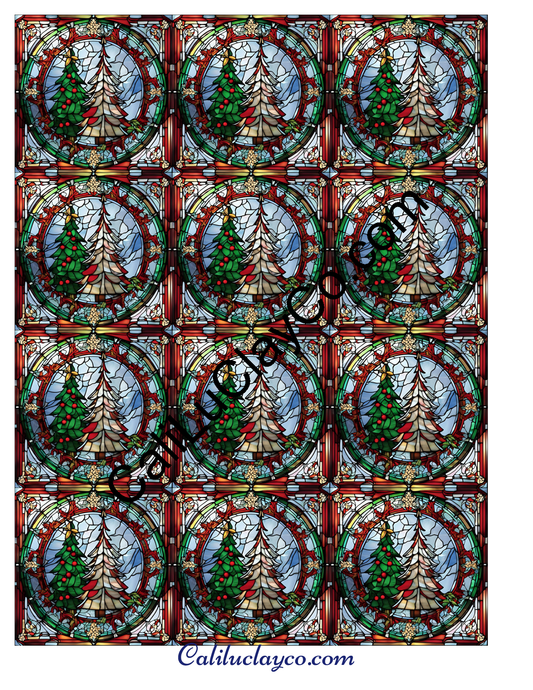 Christmas Tree #3 Stained Glass MULTI Left & Right Polymer Clay Water-Soluble Transfer Sheet / Tattoo Paper