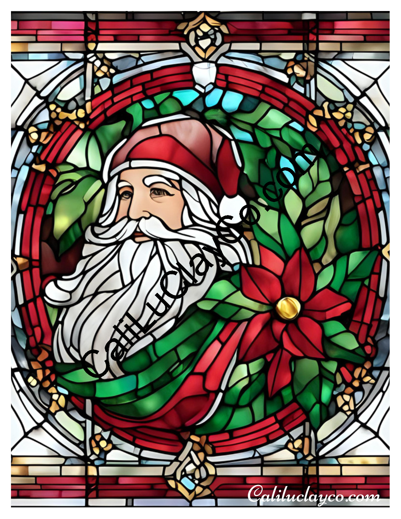 Santa with Poinsettia Stained Glass LARGE Left & Right Polymer Clay Water-Soluble Transfer Sheet / Tattoo Paper