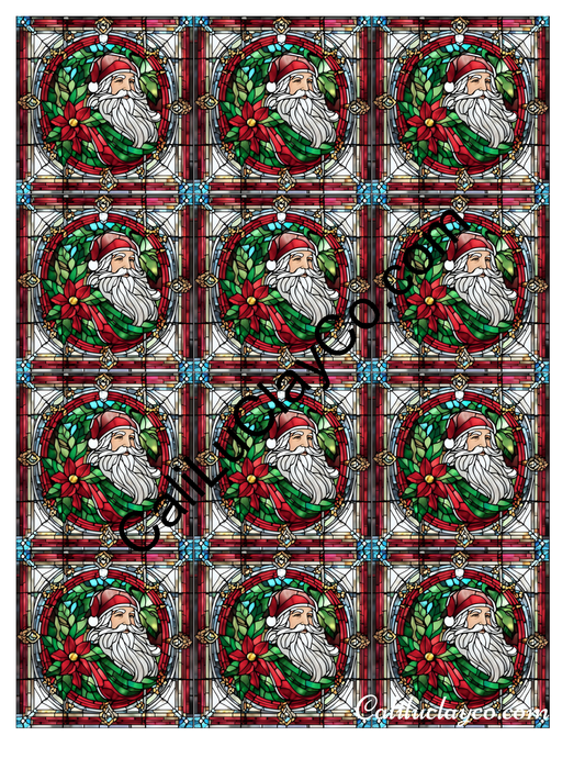 Santa with Poinsettia Stained Glass MULTI x12 Left & Right Polymer Clay Water-Soluble Transfer Sheet / Tattoo Paper