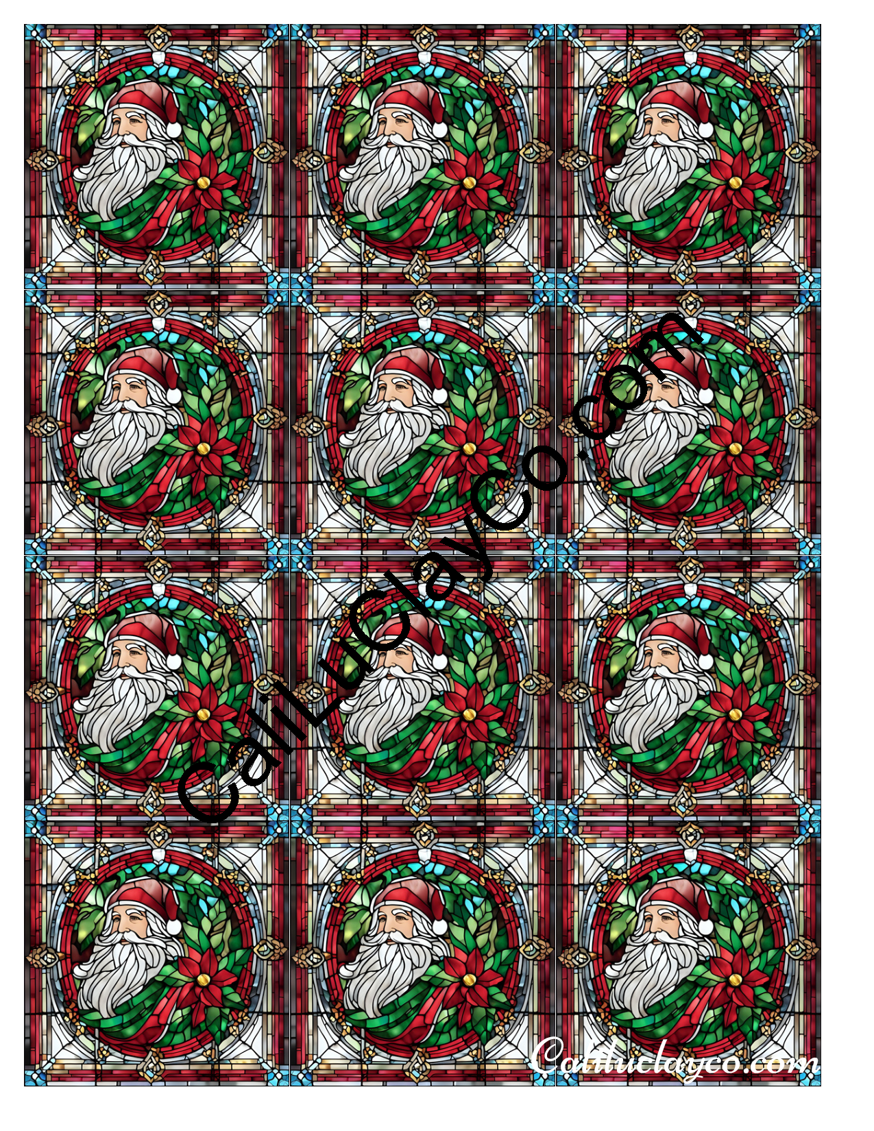 Santa with Poinsettia Stained Glass MULTI x12 Left & Right Polymer Clay Water-Soluble Transfer Sheet / Tattoo Paper